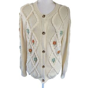 Callahan Knitwear Cardigan Sweater Ivory Floral L Grandmacore Cottagecore